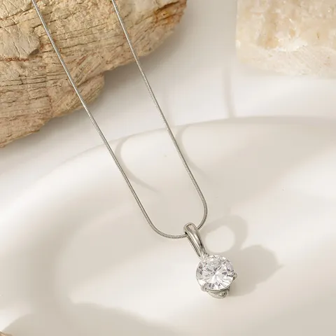 Stainless Steel Round Rhinestone Snake Bone Chain Necklace For Women Elegant Gold Plated Geometric Single Drill Pendant Minimalist Party Jewelry