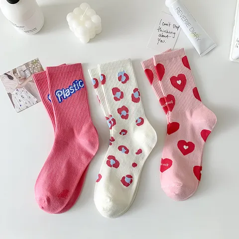 Women Sweet Japanese Style Cotton Mid Tube Socks Floral Heart Letter Pattern Casual Hosiery For Daily Wear