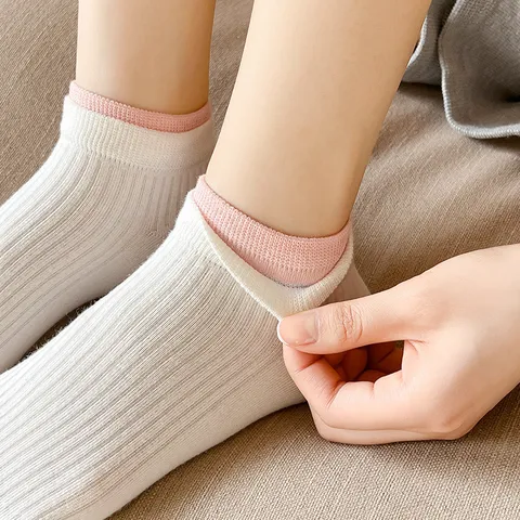 Women Short Boat Socks Cotton Blend Breathable Sweat Absorbent Casual Fashion Solid Color Contrast Edge Ankle Socks