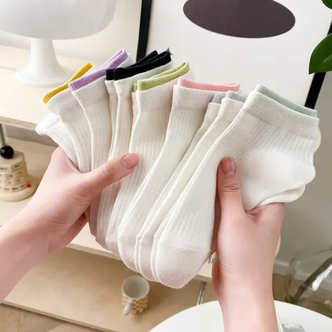 Women Short Boat Socks Cotton Blend Breathable Sweat Absorbent Casual Fashion Solid Color Contrast Edge Ankle Socks