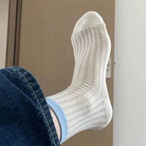 Women Casual Cotton Crew Socks Solid Color Mesh Breathable Slouch Socks Daily Wear Fashion Comfortable Soft Hosiery