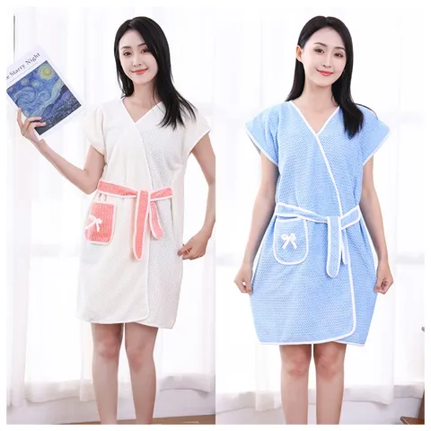 Coral Fleece Wearable Bath Towel Soft Absorbent Bath Skirt With Pocket And Belt For Women Daily Home Spa Shower