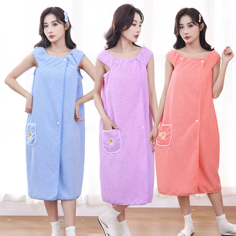 Coral Fleece Wearable Bath Skirt Soft Absorbent Bathrobe With Daisy Embroidery Pocket Strapless Quick Drying Bath Towel