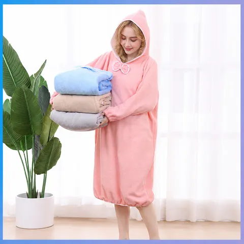 Coral Fleece Hooded Bathrobe Women Long Sleeve Thickened Absorbent Soft Cozy Bath Dress Sleepwear Loungewear