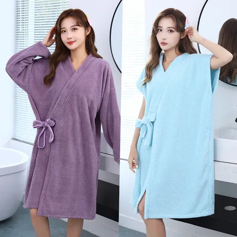 Femme Doux Absorbant Polaire Corail Peignoir Gaufré Jupe de Bain Manches Longues Courtes Spa Vêtements de Nuit Maison