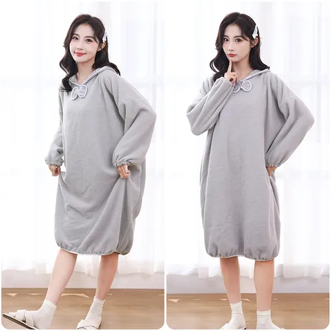 Coral Fleece Hooded Bathrobe Women Long Sleeve Thickened Absorbent Soft Cozy Bath Dress Sleepwear Loungewear