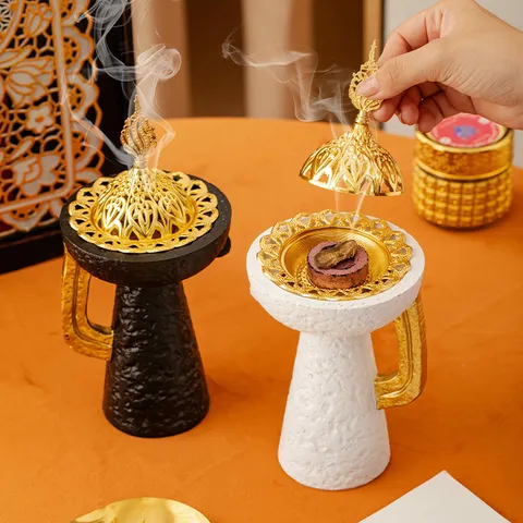 Middle Eastern Style Resin Incense Burner Gold Single Ear High Footed Aroma Censer Home Decor Tabletop Ornament
