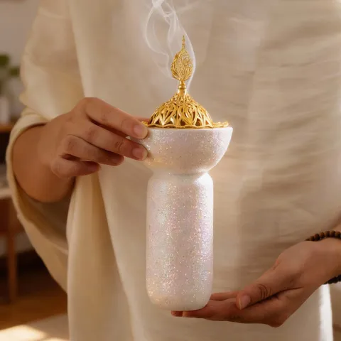 Middle Eastern Style Resin Incense Burner With Hollow Metal Lid Sequins Pillar Aromatherapy Censer For Home Living Room Office Decor