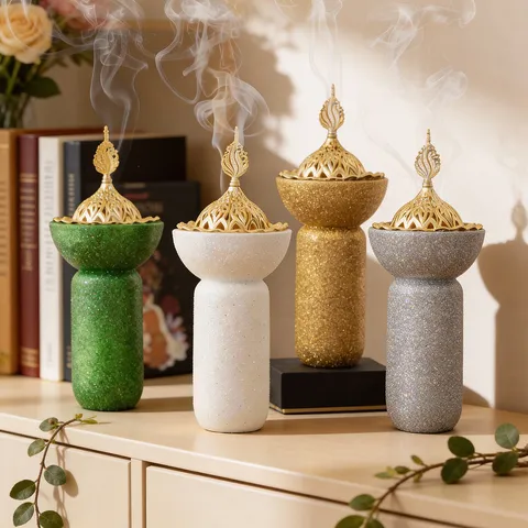 Middle Eastern Style Resin Incense Burner With Hollow Metal Lid Sequins Pillar Aromatherapy Censer For Home Living Room Office Decor