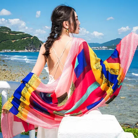 Bohemian Ethnic Style Printed Polyester Scarf Women Long Shawl Lightweight Beach Sun Protection Head Scarf
