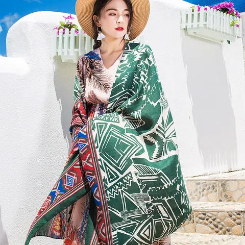 Damen Boho Geometrischer Druck Satin Schal Langer Leichter Strand Sonnenschutz Shawl Mode Lässiger Sommerschal