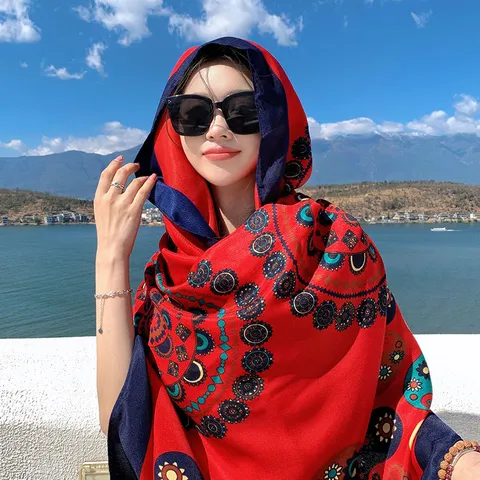 Ethnic Style Printed Polyester Scarf Women Summer Beach Sun Protection Shawl Vacation Travel Long Scarf