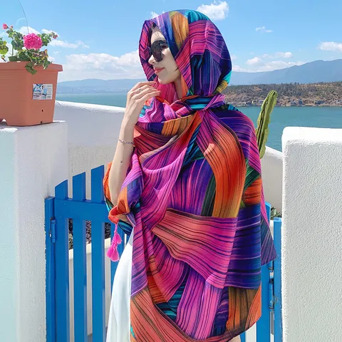 Boho Ethnic Geometric Print Scarf Women Large Summer Beach Shawl Lightweight Sun Protection Sarong Holiday Fashion Wrap