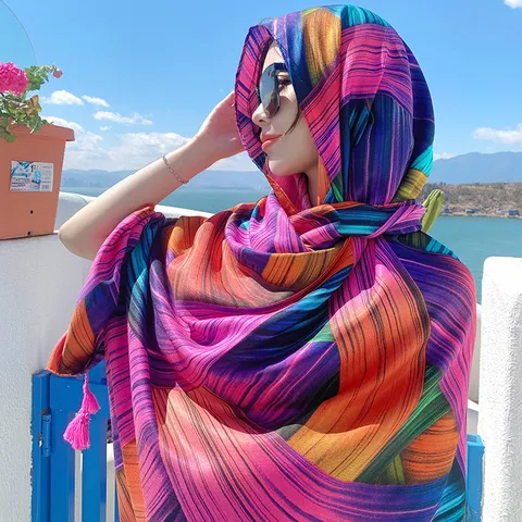 Boho Ethnic Geometric Print Scarf Women Large Summer Beach Shawl Lightweight Sun Protection Sarong Holiday Fashion Wrap