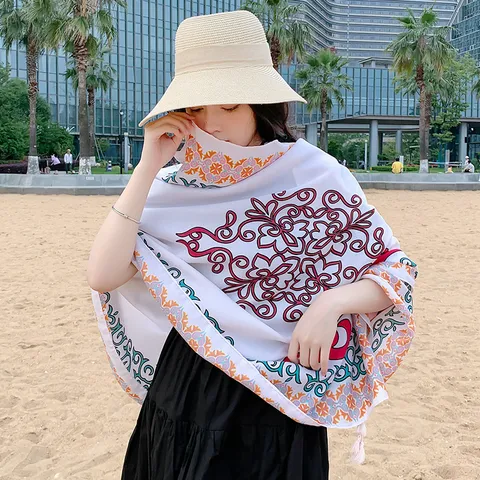 Ethnic Style Women Sun Protection Scarf Summer Beach Vacation Satin Shawl Lightweight Floral Printed Long Foulard