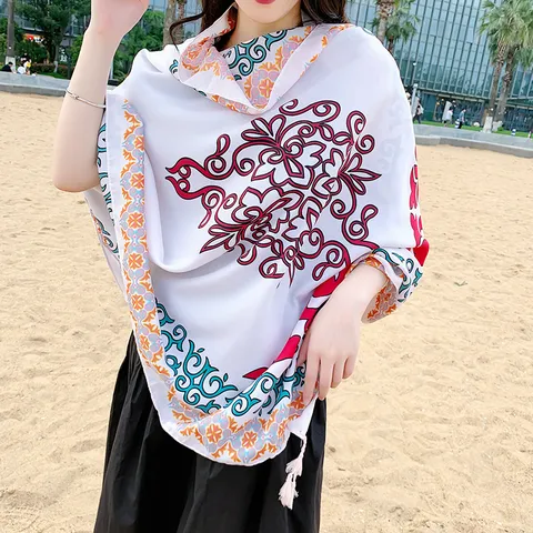 Ethnic Style Women Sun Protection Scarf Summer Beach Vacation Satin Shawl Lightweight Floral Printed Long Foulard