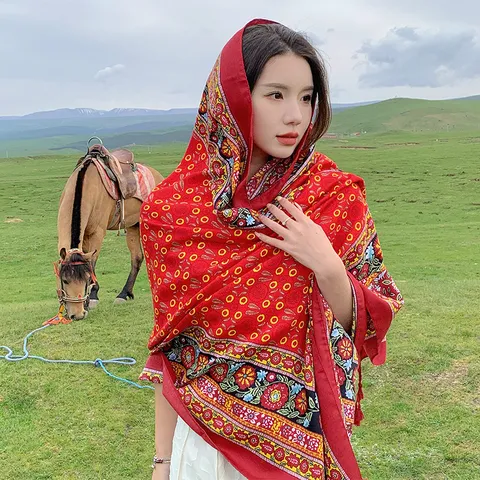 Bohemian Ethnic Geometric Print Scarf Women Long Tassel Shawl Lightweight Sun Protection Beach Travel Scarf Polyester