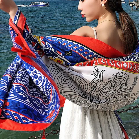 Women Vintage Ethnic Geometric Printed Long Shawl Fashion Vacation Sun Protection Scarf Lightweight Nylon Silk Wrap