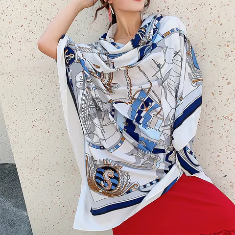 Women Fashion Satin Scarf Ethnic Style Geometric Print Long Shawl Vacation Sun Protection Scarf