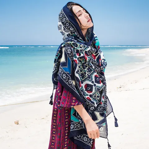 Women Ethnic Style Geometric Print Scarf Oversized Lightweight Polyester Sun Protection Beach Shawl Fashion Long Wrap