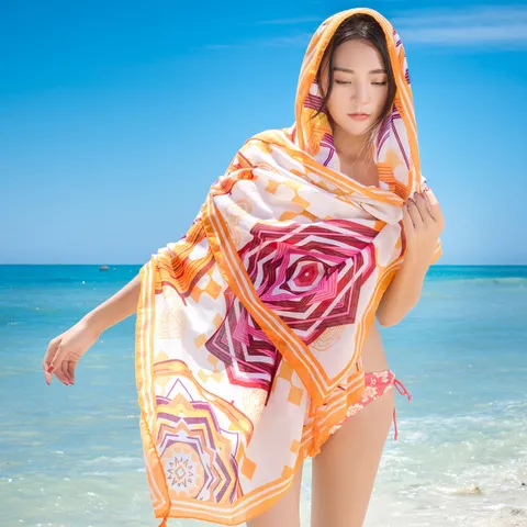 Women Ethnic Style Geometric Print Scarf Oversized Lightweight Polyester Sun Protection Beach Shawl Fashion Long Wrap