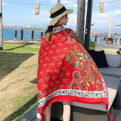 Women's Large Satin Scarf Ethnic Style Floral Geometric Print Beach Shawl Sun Protection Scarf Fashion Long Scarf