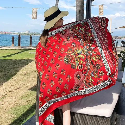 Women's Large Satin Scarf Ethnic Style Floral Geometric Print Beach Shawl Sun Protection Scarf Fashion Long Scarf