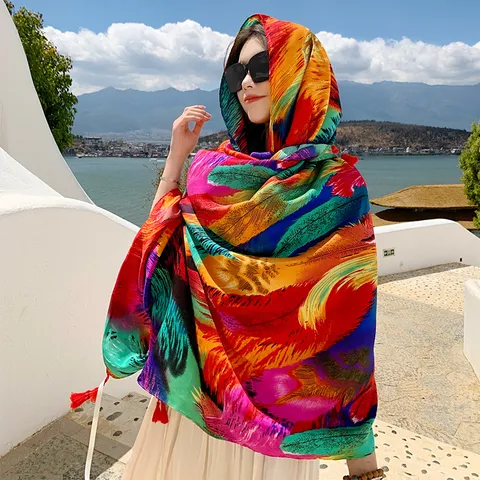Vrouwen Zomer Zonbescherming Sjaal Etnische Stijl Kleurrijke Veer Bedrukt Grote Sjaal Polyester Strand Reizen Sjaal