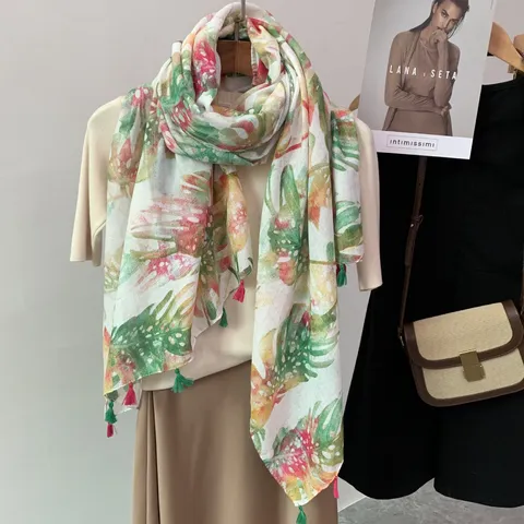 Spring Summer Women Floral Print Scarf Elegant Lightweight Cotton Linen Feel Long Shawl Travel Sun Protection Beach Stole