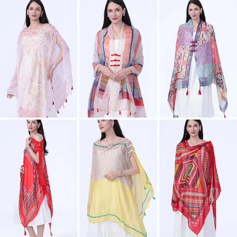 Women's Chinese Style Frog Button Ethnic Shawl Retro Printed Long Cloak Cape Breathable Sun Protection Polyester Scarf