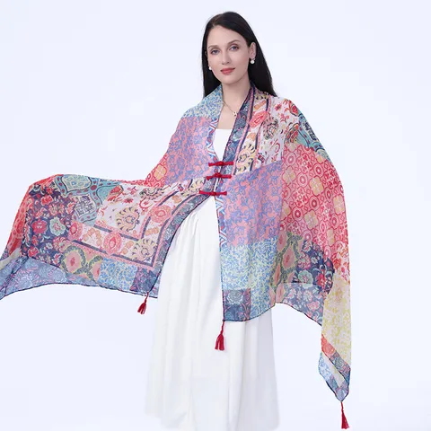 Women's Chinese Style Frog Button Ethnic Shawl Retro Printed Long Cloak Cape Breathable Sun Protection Polyester Scarf