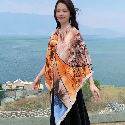 Floral Print Large Square Scarf Women Versatile Fashion Shawl Lightweight Polyester Neckerchief For Daily Wear