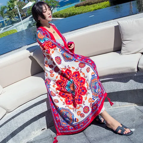 Women Ethnic Style Printed Beach Scarf Summer Sun Protection Shawl Long Polyester Wrap