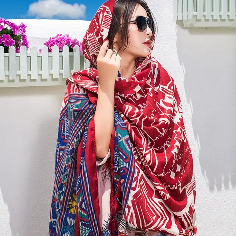 Damen Boho Geometrischer Druck Satin Schal Langer Leichter Strand Sonnenschutz Shawl Mode Lässiger Sommerschal