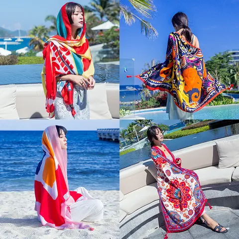 Women Ethnic Style Printed Beach Scarf Summer Sun Protection Shawl Long Polyester Wrap