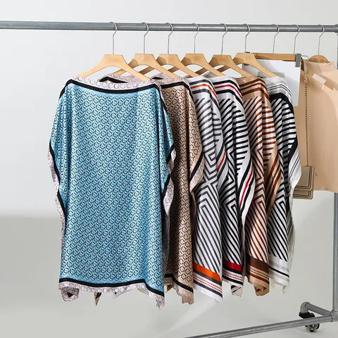 Women's Summer Casual Loose Imitation Silk Sun Protection Shawl Cape Boat Neck Printed Short Tops Fashion Beachwear