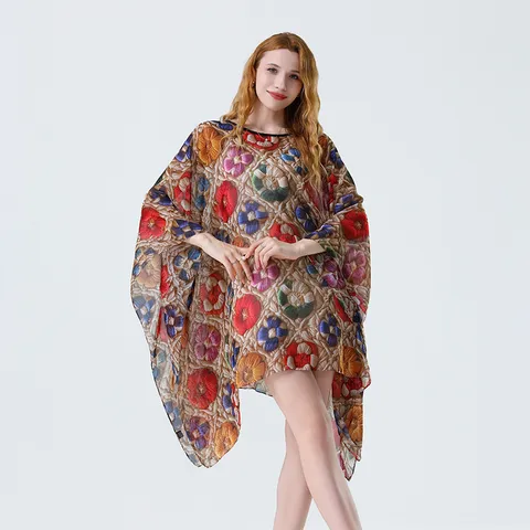 Women Summer 3D Print Chiffon Beach Dress Casual Loose Cover Up Long Kaftan Vacation Boho Sundress Holiday Wear