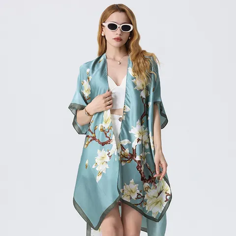 Light Blue Satin Floral Shawl Beach Cover Up Kimono Cardigan For Women Summer Vacation Exotic Style Sun Protection