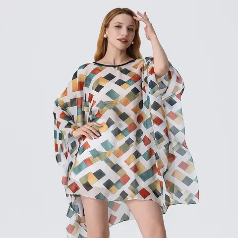 Robe Longue en Mousseline pour Femmes Imprimé Géométrique Décontracté Vacances à la Plage Été Robe Longue Sans Manches Coupe Ample
