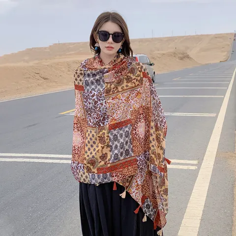 Boho Bohemian Ethnic Style Floral Paisley Print Scarf Lightweight Sun Protection Shawl Beach Vacation Travel Wrap For Women