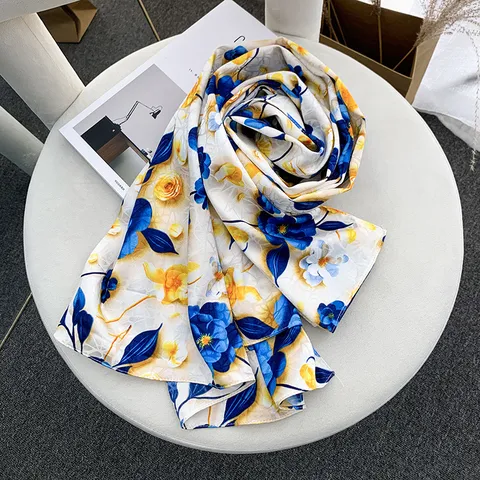 Women Fashion Imitation Silk Jacquard Scarf Elegant Floral Print Long Shawl Soft Satin Beach Stole For Spring Autumn