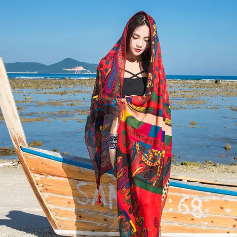 Femmes Style Ethnique Boho Floral Impression Géométrique Écharpe Longue Châle Léger En Coton Lin Plage Écran Solaire Enveloppe