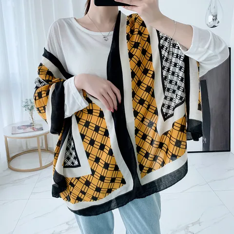 Écharpe Longue en Coton et Lin Chaud pour Hiver pour Femmes Châle à Carreaux Mode Polyvalent Enveloppement de Cou Décontracté Accessoires Femmes