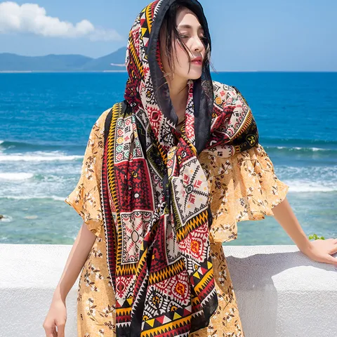 Ethnic Style Geometric Print Cotton Linen Scarf Women Summer Beach Shawl Headscarf Vacation Travel Sun Protection Wrap