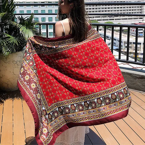 Women Vintage Ethnic Geometric Printed Long Shawl Fashion Vacation Sun Protection Scarf Lightweight Nylon Silk Wrap