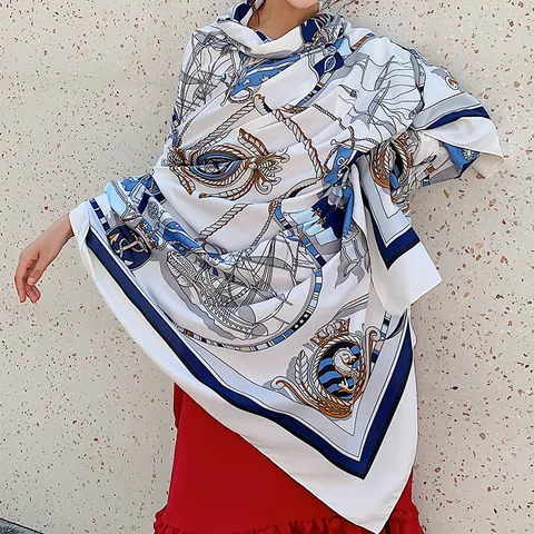 Women Fashion Satin Scarf Ethnic Style Geometric Print Long Shawl Vacation Sun Protection Scarf