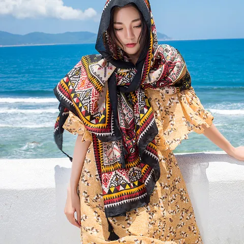 Ethnic Style Geometric Print Cotton Linen Scarf Women Summer Beach Shawl Headscarf Vacation Travel Sun Protection Wrap