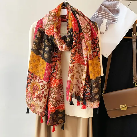 Women Printed Tassels Scarf Lightweight Long Shawl Spring Summer Beach Sunscreen Scarf Fashion Neck Wrap