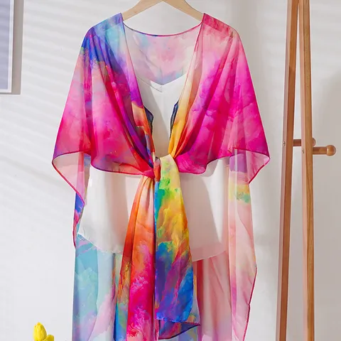 Women Gradient Chiffon Scarf Versatile Summer Thin Shawl Lightweight Floral Print Outerwear Beach Scarf