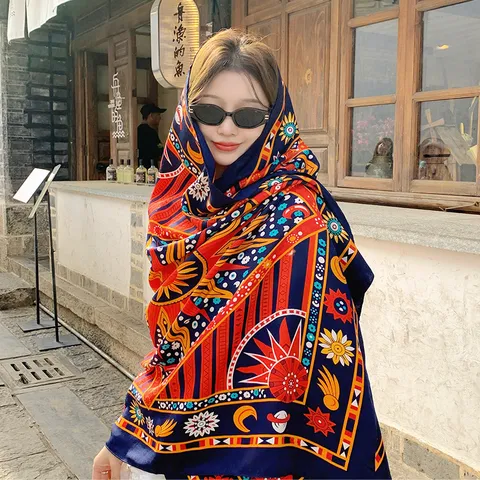 Bohemian Ethnic Printed Long Scarf Women Summer Travel Sun Protection Lightweight Polyester Shawl Fashion Wrap